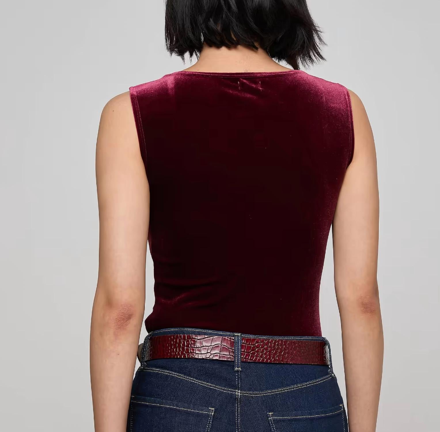 L'Agence Molly Velvet Bodysuit in dart port - women's shirt - detail view