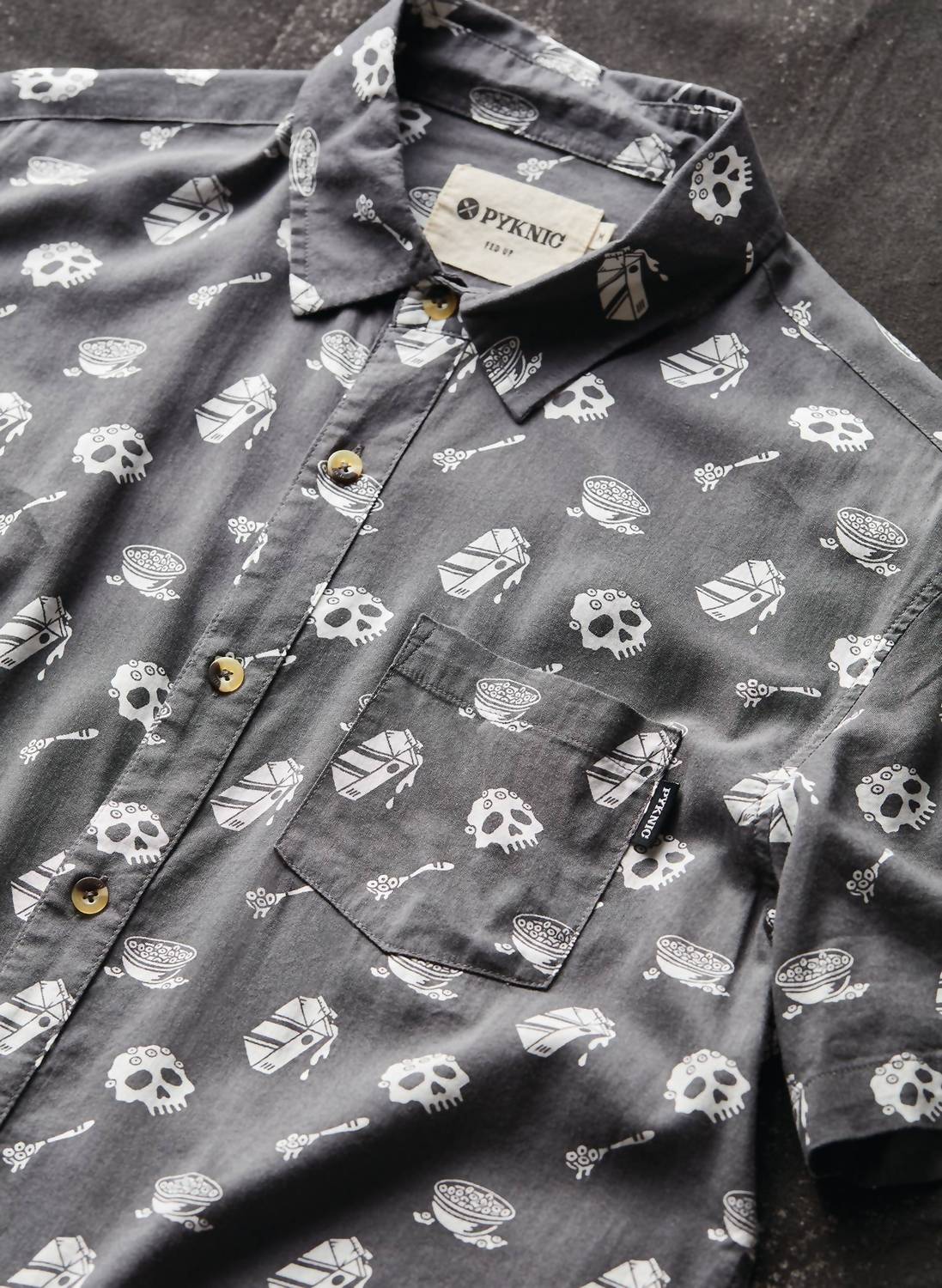 Pyknic Unisex Cereal Killer Casual Button Down Shirt in grey - men's t-shirt - alternate view