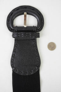 LETO Women's Distressed Wide Stitch Elastic Belt in black - women's accessory - detail view