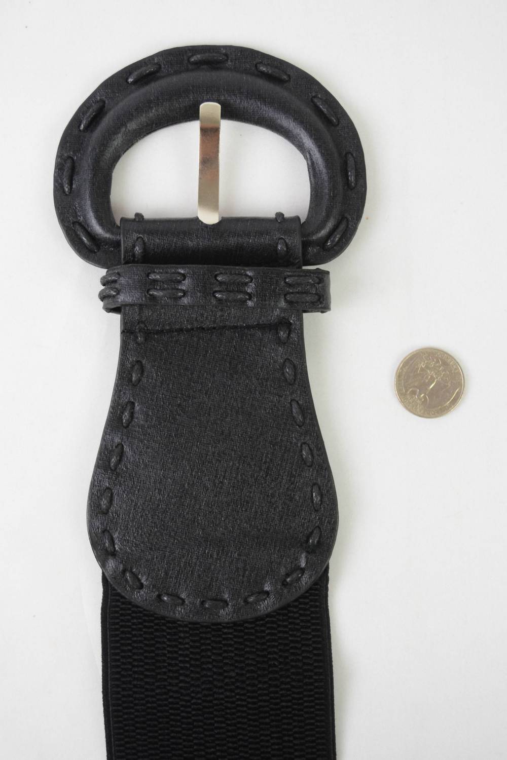 LETO Women's Distressed Wide Stitch Elastic Belt in black - women's accessory - detail view