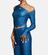 ANOTHER GIRL Wavy Check Asymmetric Top in blue - women's blouse - alternate view