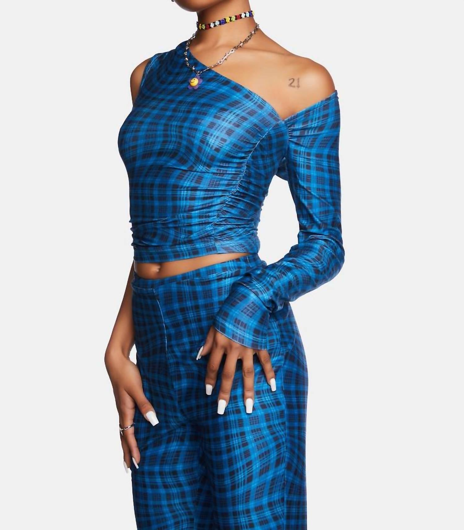 ANOTHER GIRL Wavy Check Asymmetric Top in blue - women's blouse - alternate view