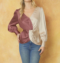 Entro - Satin Colorblock V-neck Long Sleeve Top