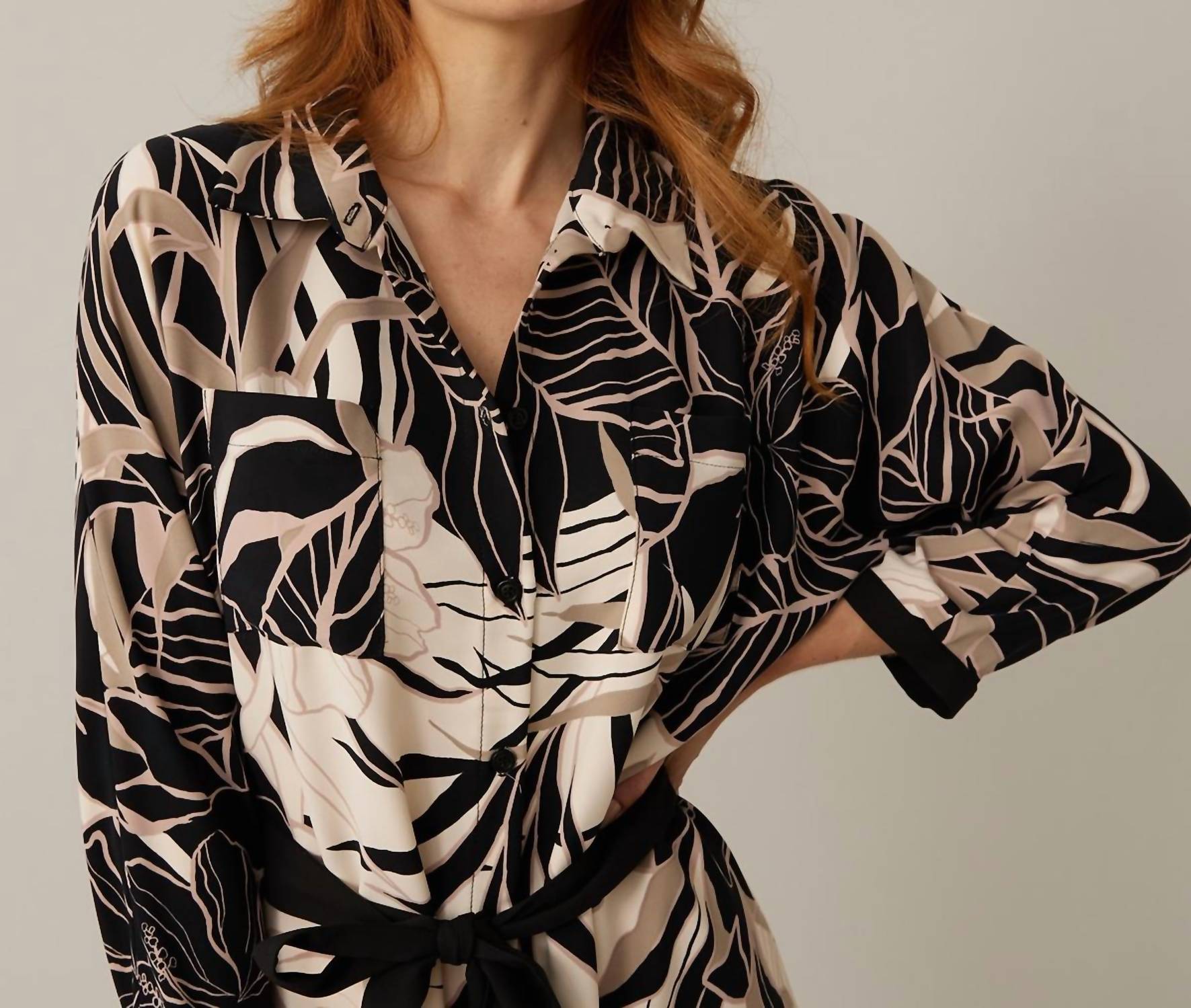 Joseph Ribkoff Floral Belted Shirt Dress in beige black - women's dress - view 5