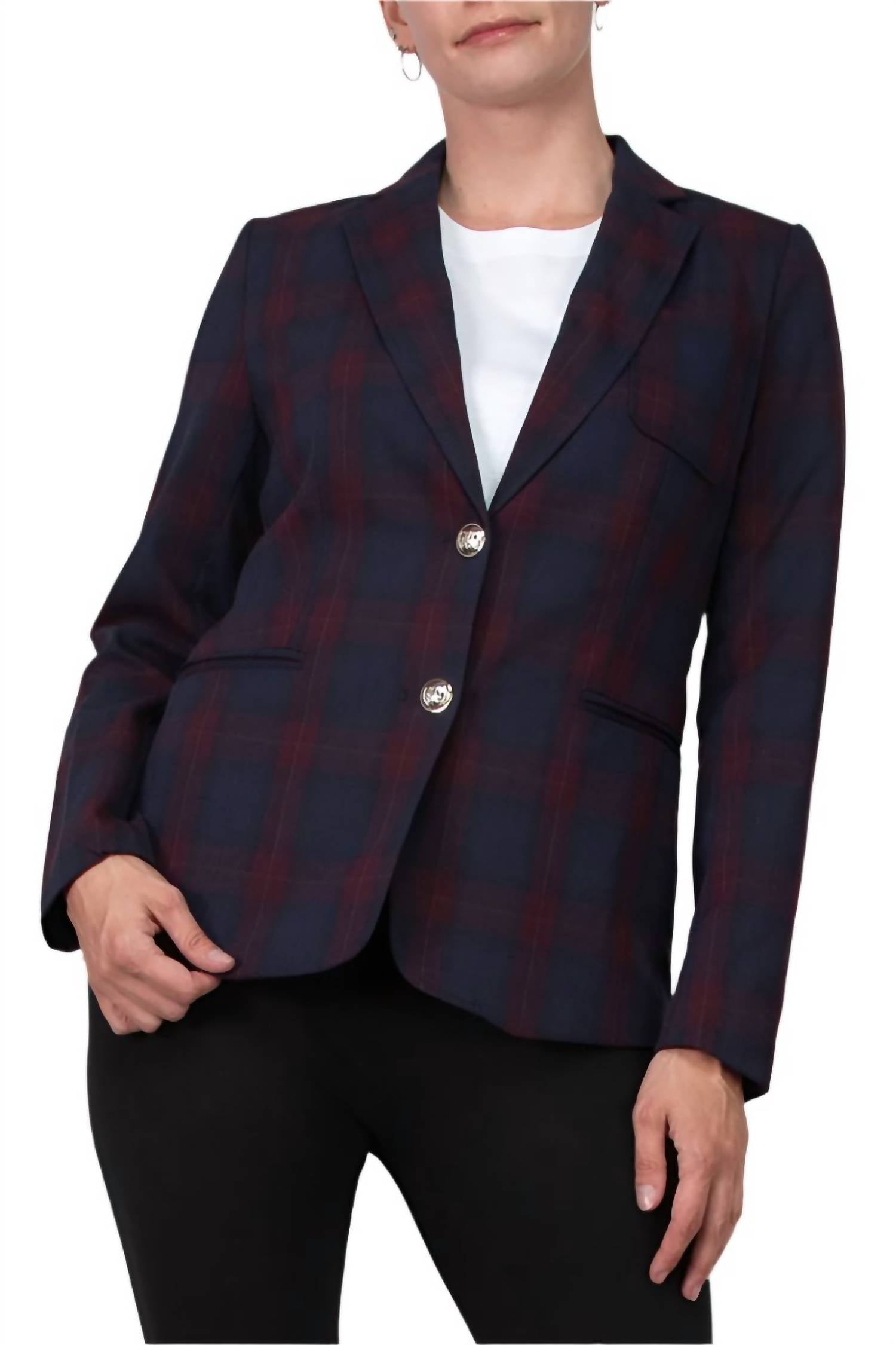 T Tahari - Long Sleeve Notch Collar Plaid Blazer