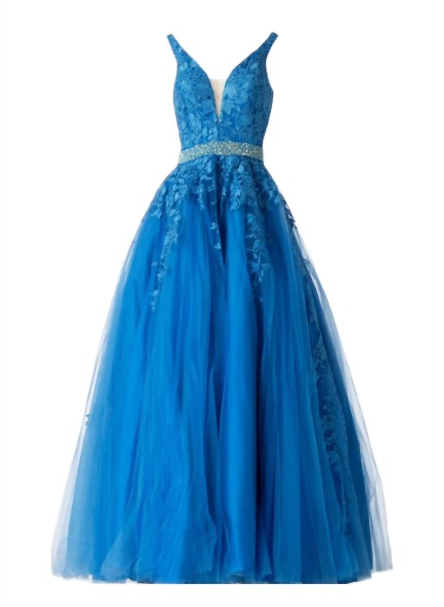 JOVANI Women's Embellished Belt Prom Ballgown in blue - women's dress