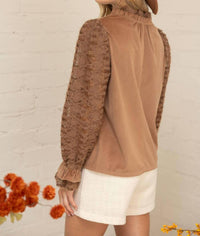 Voy - Fuzzy Lace Long Sleeve Ruffle Detailed Corduroy Top