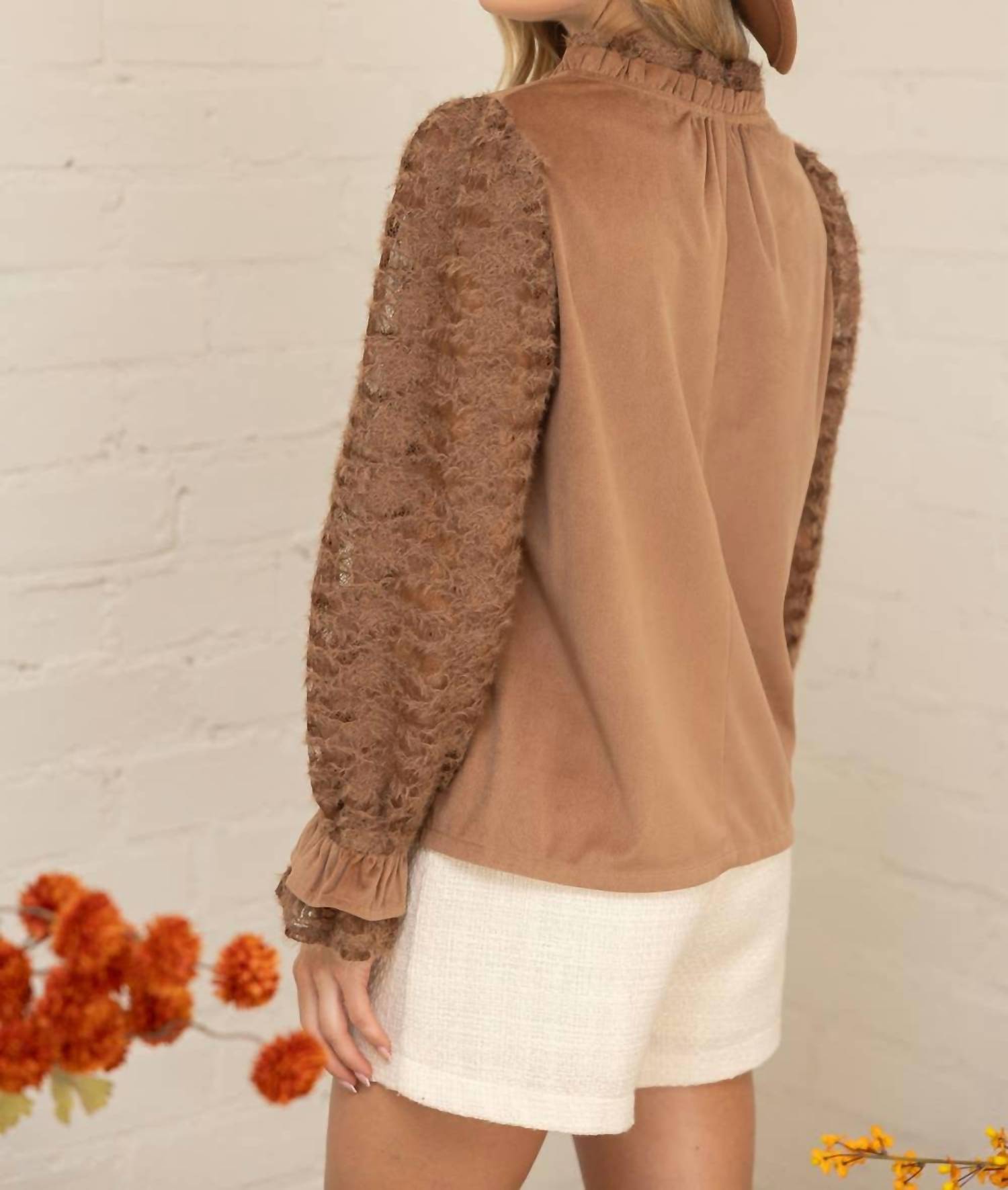 Voy - Fuzzy Lace Long Sleeve Ruffle Detailed Corduroy Top