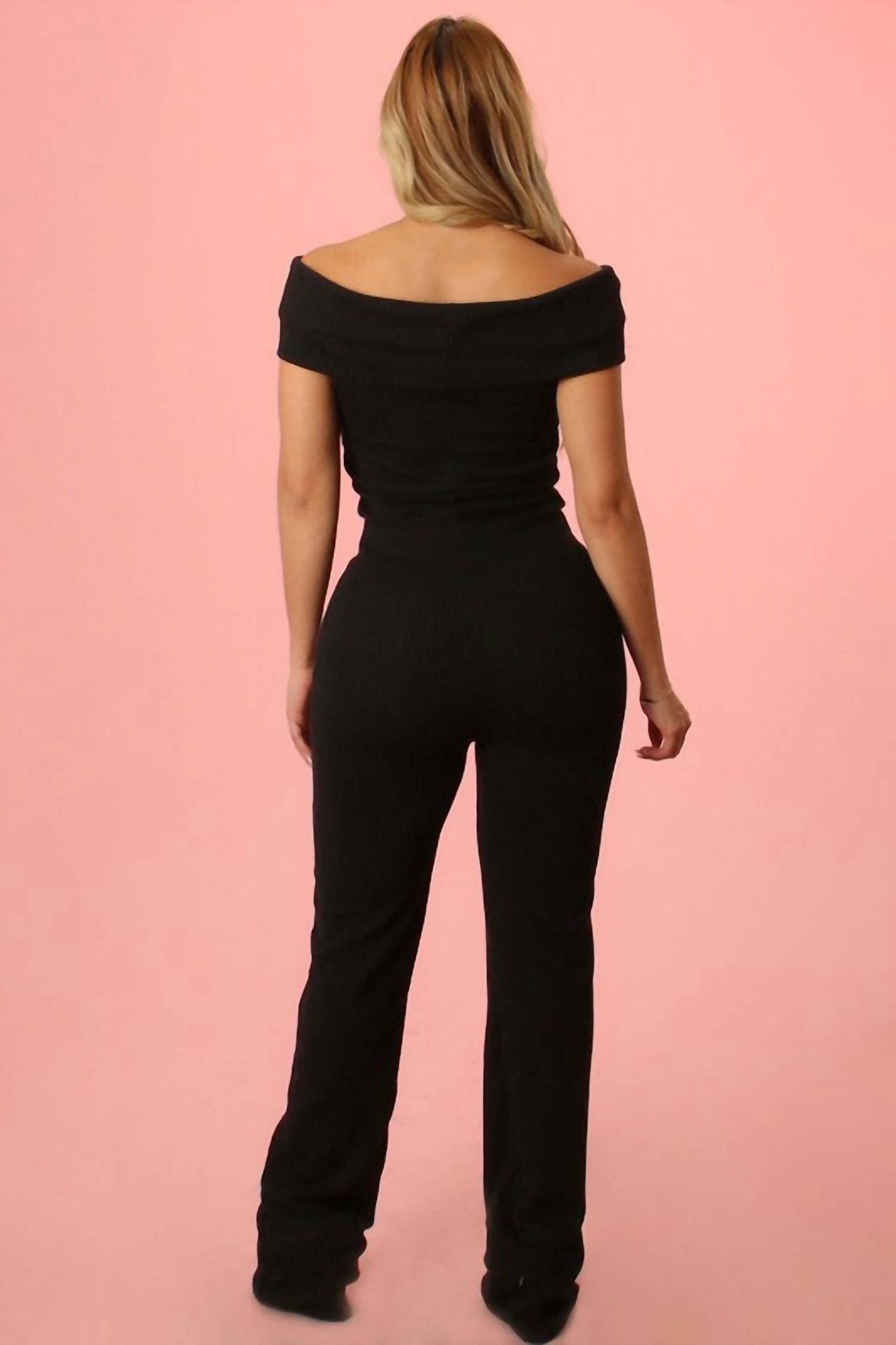 Yellow Cabbage - Ribbed Off Shoulder Jumpsuit