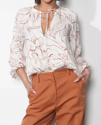 GREYLIN Penelope Bubble Sleeve Tie Neck Blouse in ivory - women's blouse