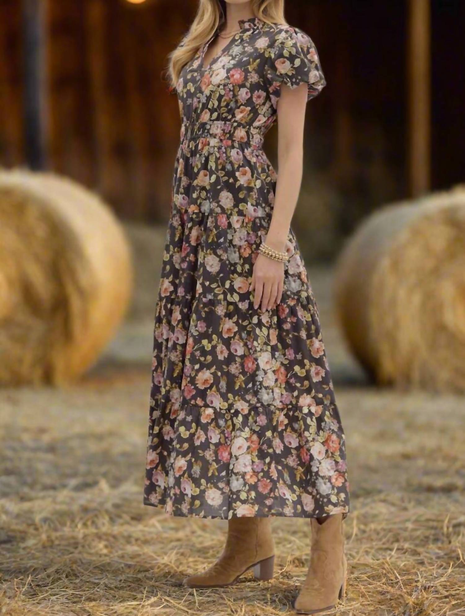 entro Floral Puff Sleeve Midi Dress in chocolate - women's dress - alternate view