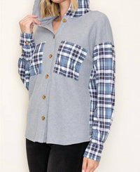 Staccato - Waffle Knit Plaid Contrasted Button Up Hooded Top