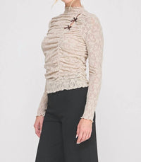 ALLIE ROSE Jacquard Lace Knit Ruched Mock Neck Top in beige 1 - women's long sleeve top - alternate view