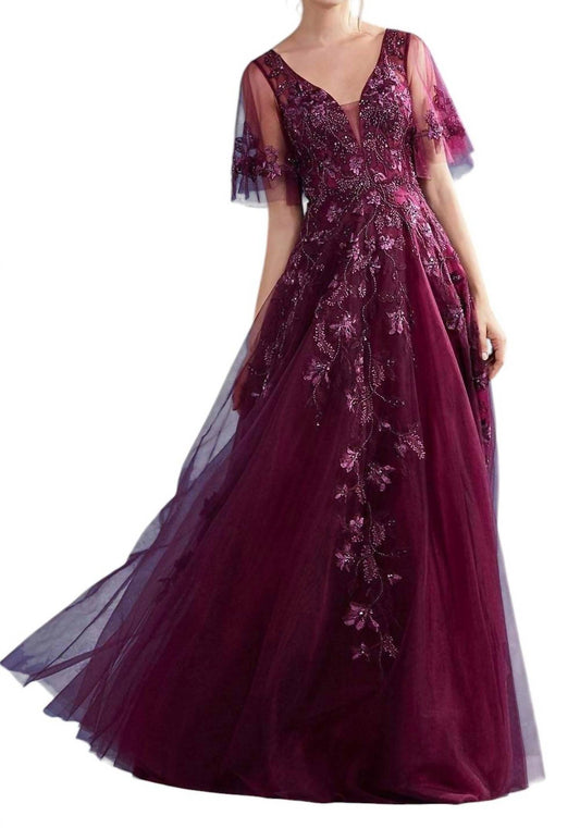 Andrea & Leo Couture - FLORAL EMBROIDERY FLUTTER SLEEVE GOWN