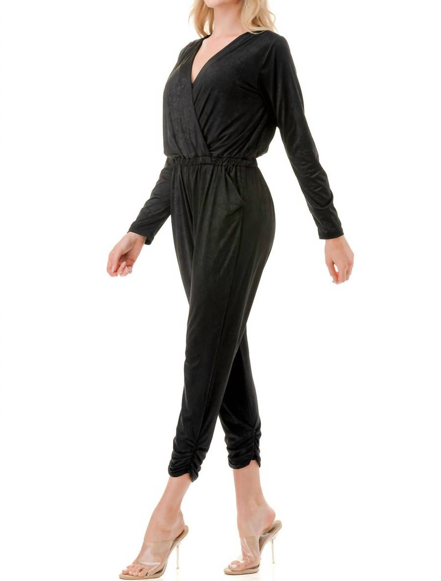 ariella V Neck Long Sleeve Jumpsuit in black - women's pants - alternate view