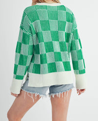 AEMI + CO Women's Check Sweater in green - women's sweater - detail view