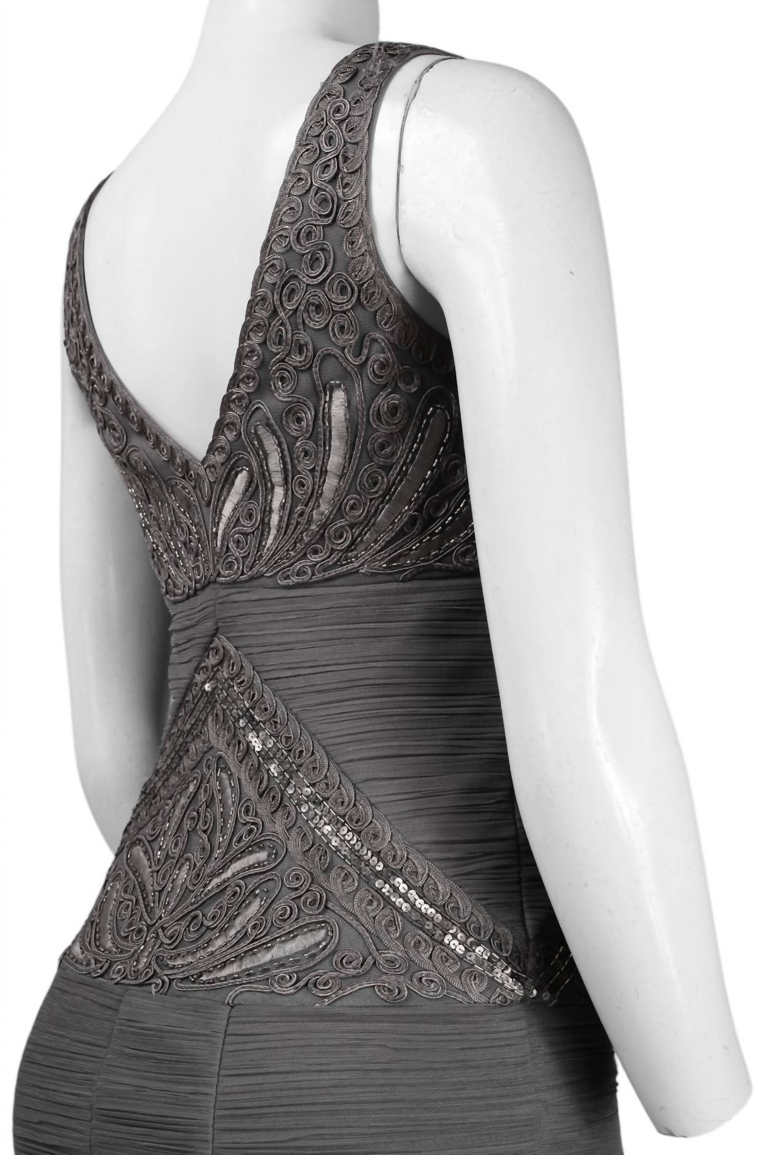 Sue Wong - V-Cut Neck Ribbon Ruched Cocktail Dress