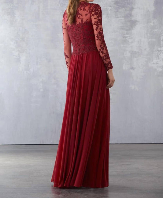 Mgny - Beaded Lace On Net With Stretch Mesh Long Dress