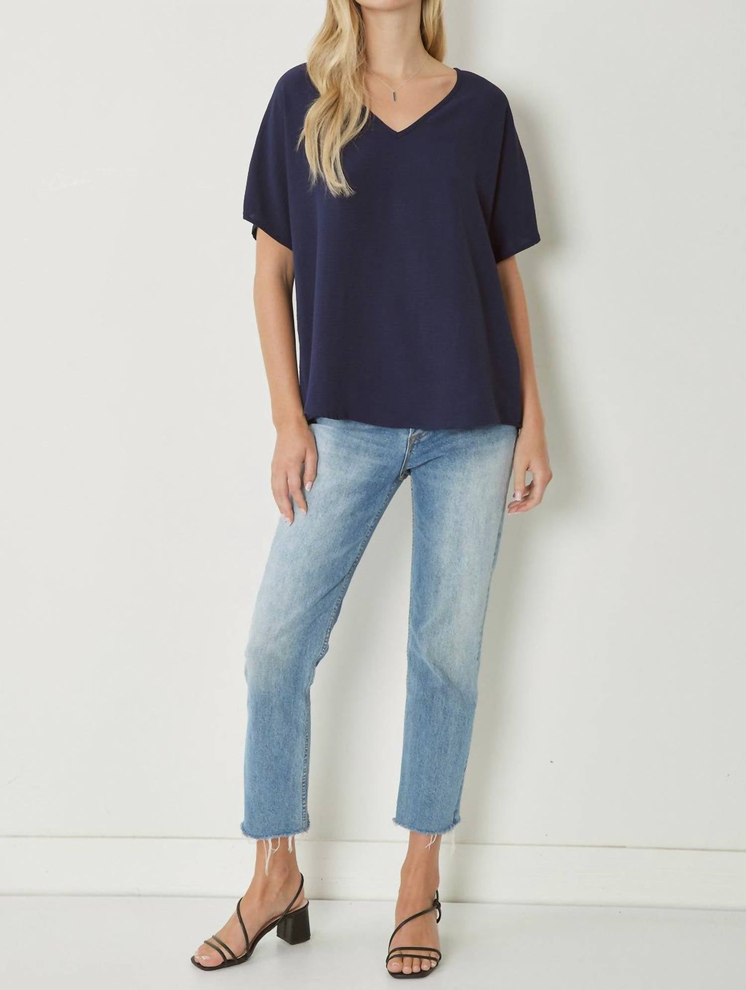 entro Solid V-neck Top in navy - women's blouse - view 7