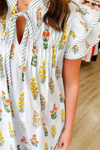 She + Sky - Pleated Floral Dress With Bow