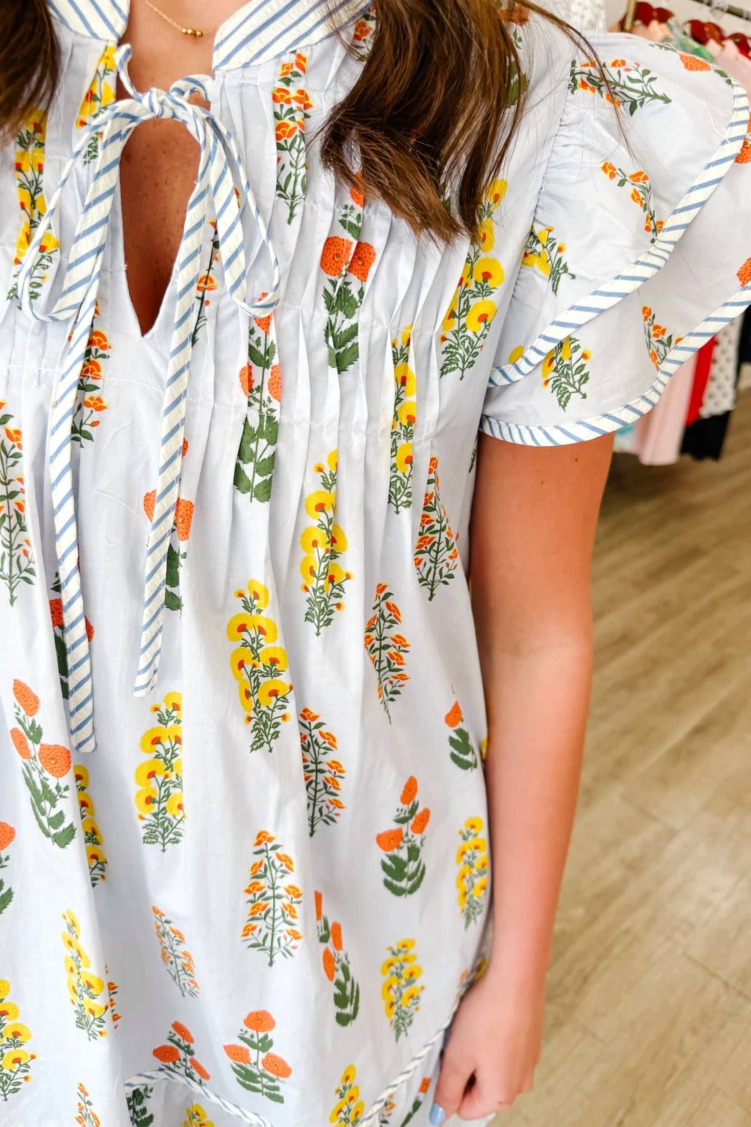 She + Sky - Pleated Floral Dress With Bow