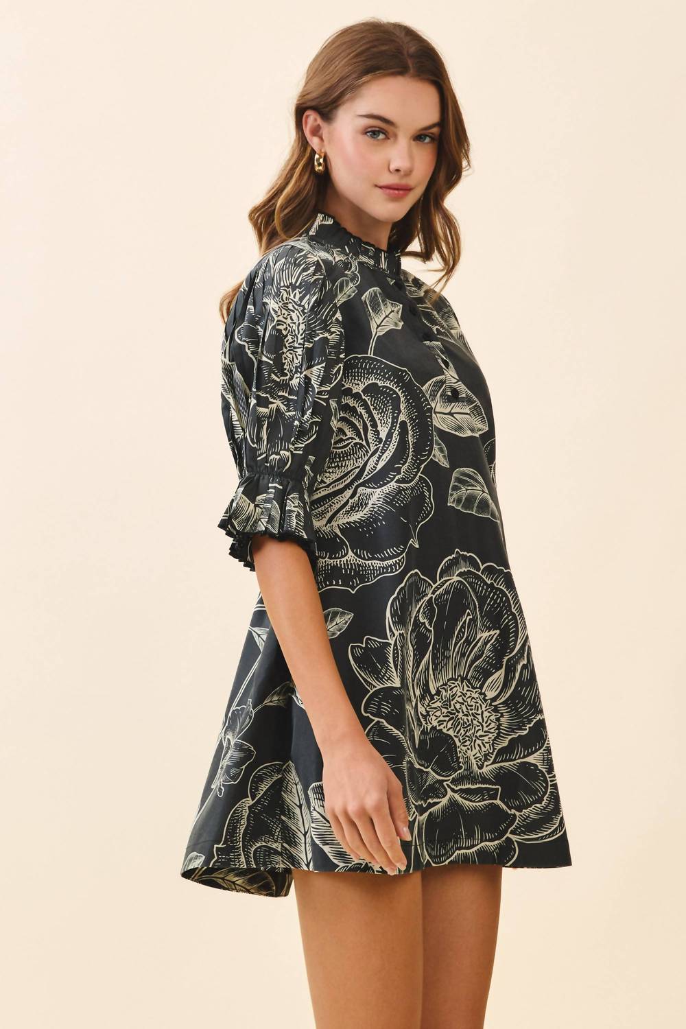 Tcec - Floral Print High Neck Ruffle Trim Mini Dress