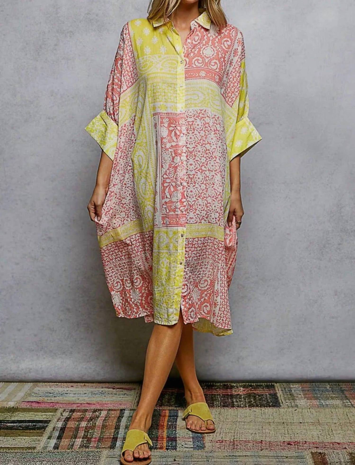 POL Half Sleeve Printed Oversized Shirt Dress in lemon multi - women's dress