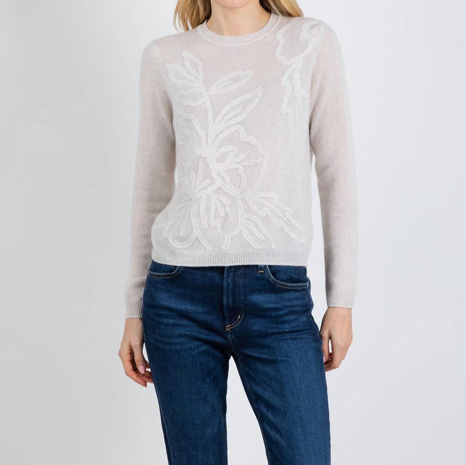 Kinross Floral Embroidered Crew Sweater in cloud - women's sweater