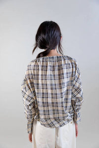 Psophia - Bardot Plaid Blouse with Drawstring Neckline
