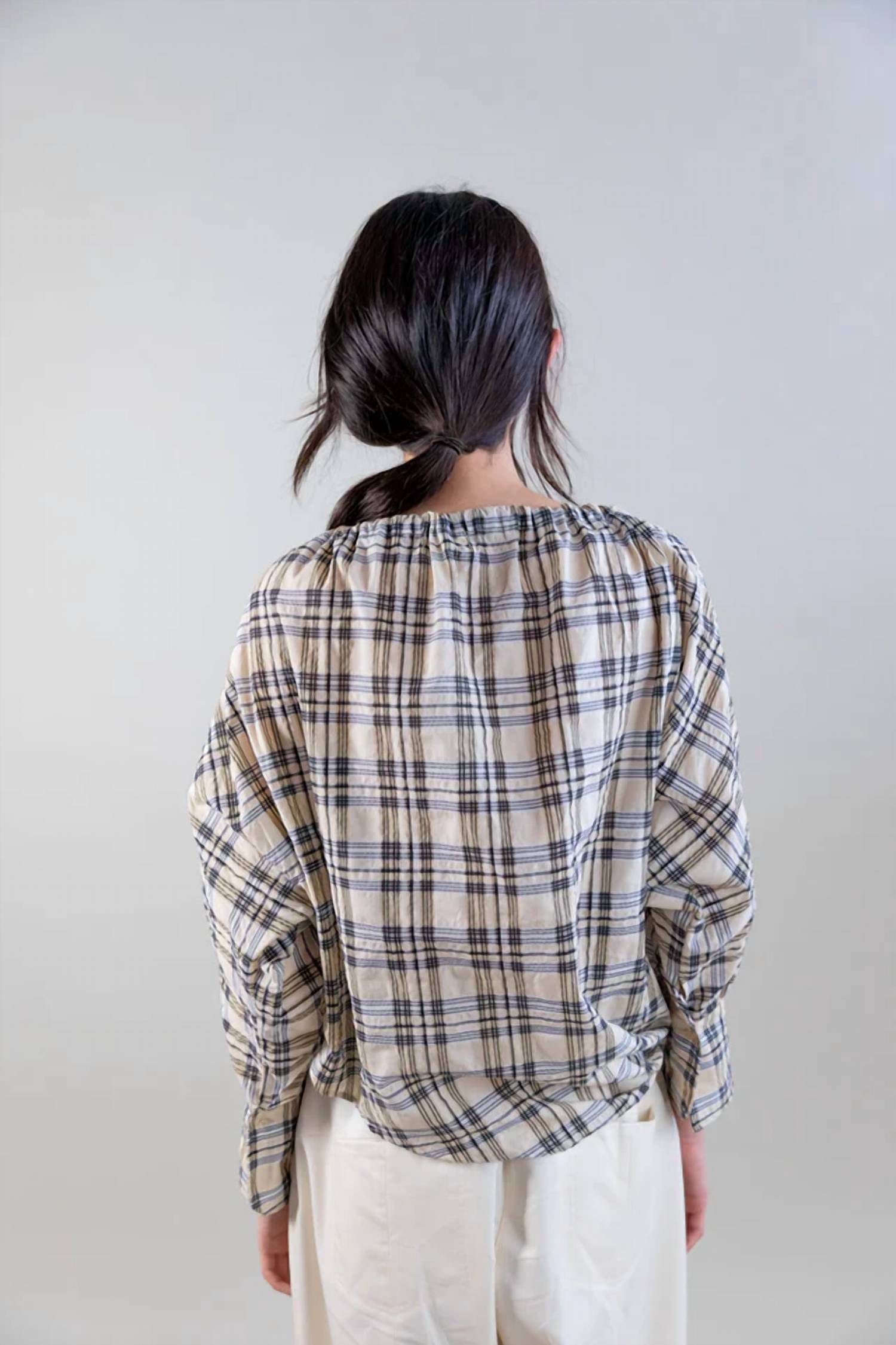 Psophia - Bardot Plaid Blouse with Drawstring Neckline