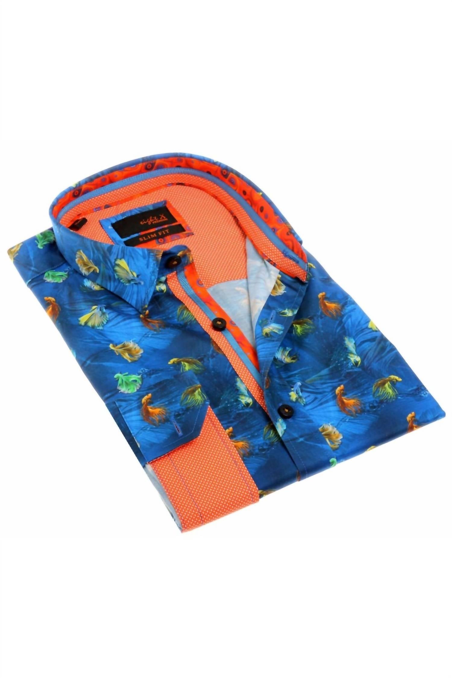 Eight X - Fish Print Button Down Shirt With Trim