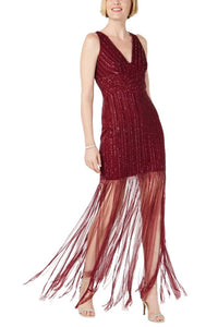 Adrianna Papell - V-neck Embellished Mesh Dress