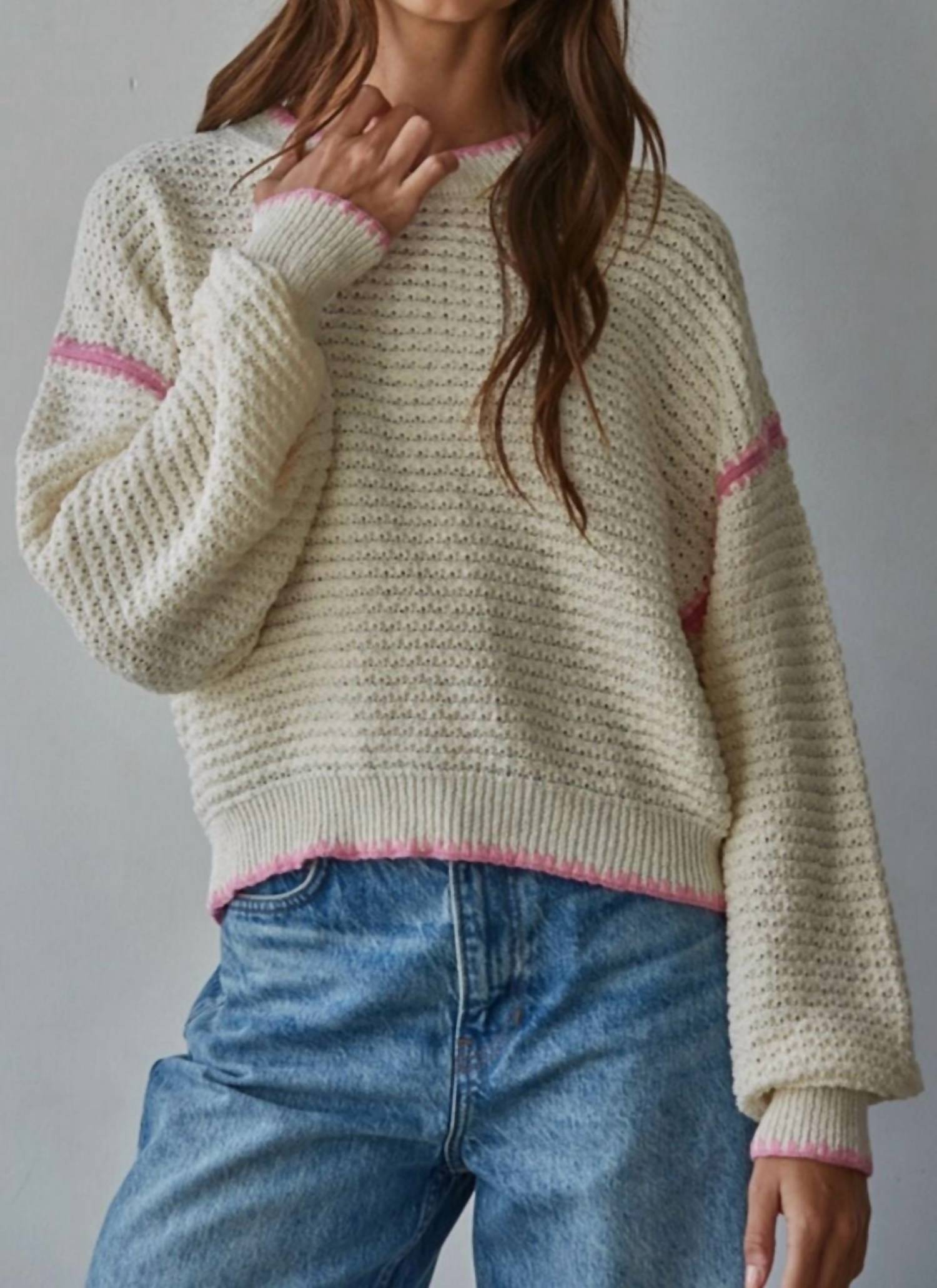 By Together Pullover Contrast Trim Sweater in natural - women's sweater - detail view