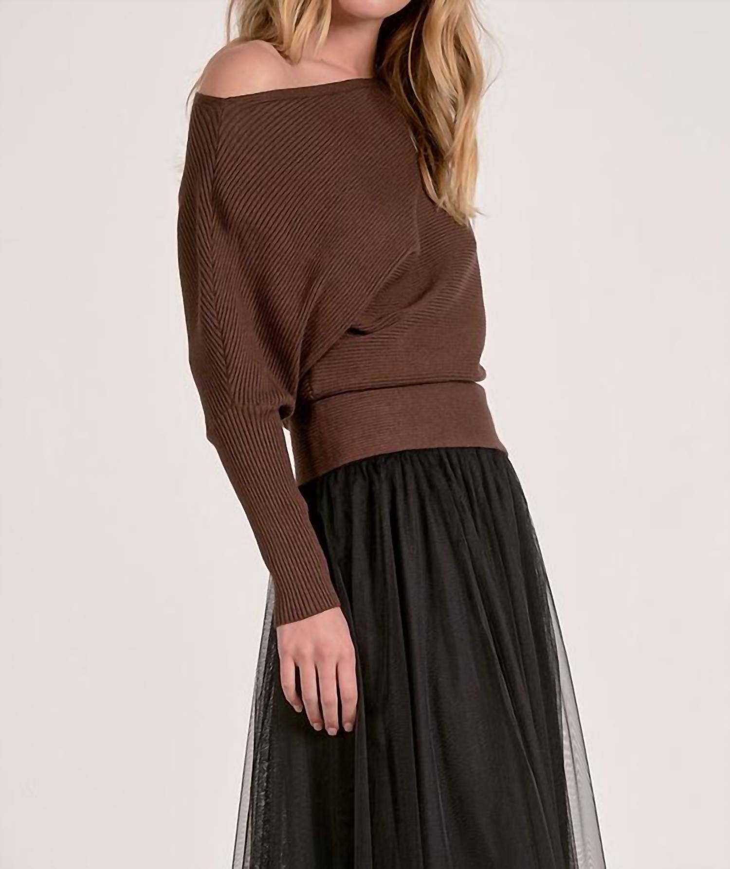 ELAN Ribbed Off-the-shoulder Sweater in dark chocolate - women's sweater