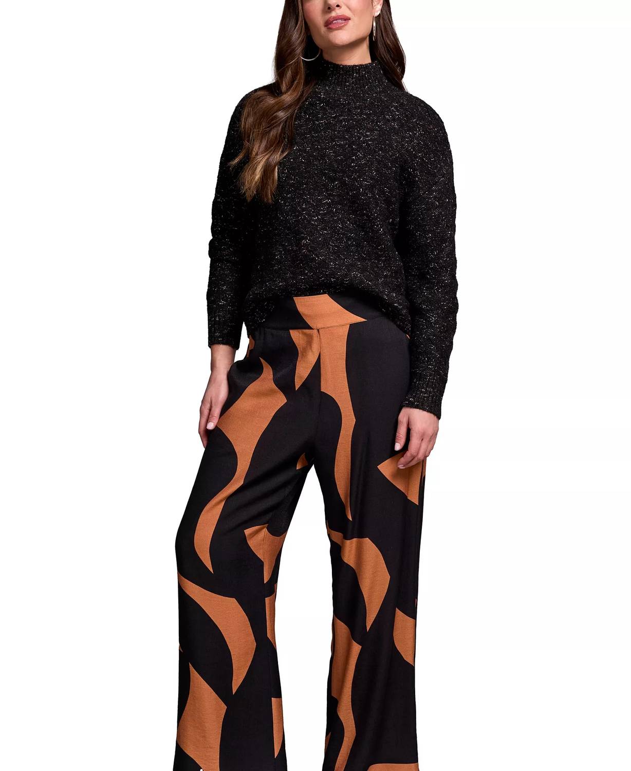 TRIBAL Speck Mock Neck Puff Sleeve High Low Sweater Top in black - women's sweater