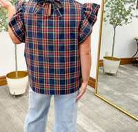 Entro - Plaid Ruffle Sleeve Top