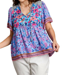 Umgee - Mixed Floral Print Bohemian Top