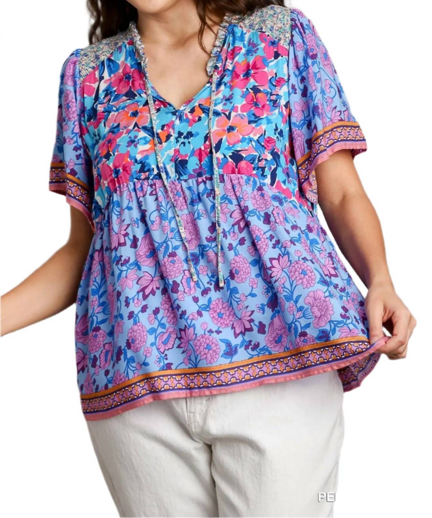 Umgee - Mixed Floral Print Bohemian Top