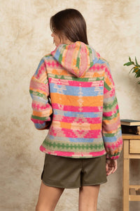 New In - Aztec Print Snap Button Detail Hooded Top