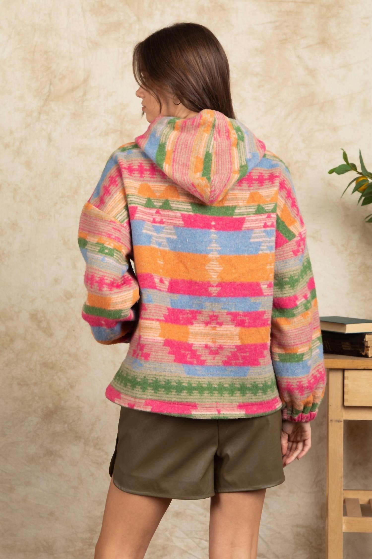 New In - Aztec Print Snap Button Detail Hooded Top