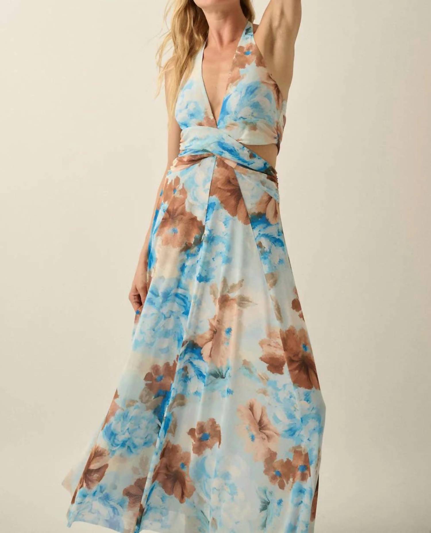 Promesa - Floral Mesh Halter Cut-out Maxi Dress