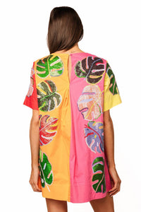 Queen Of Sparkles - Colorblock Cotton Palm Leaf Short Sleeve Dress