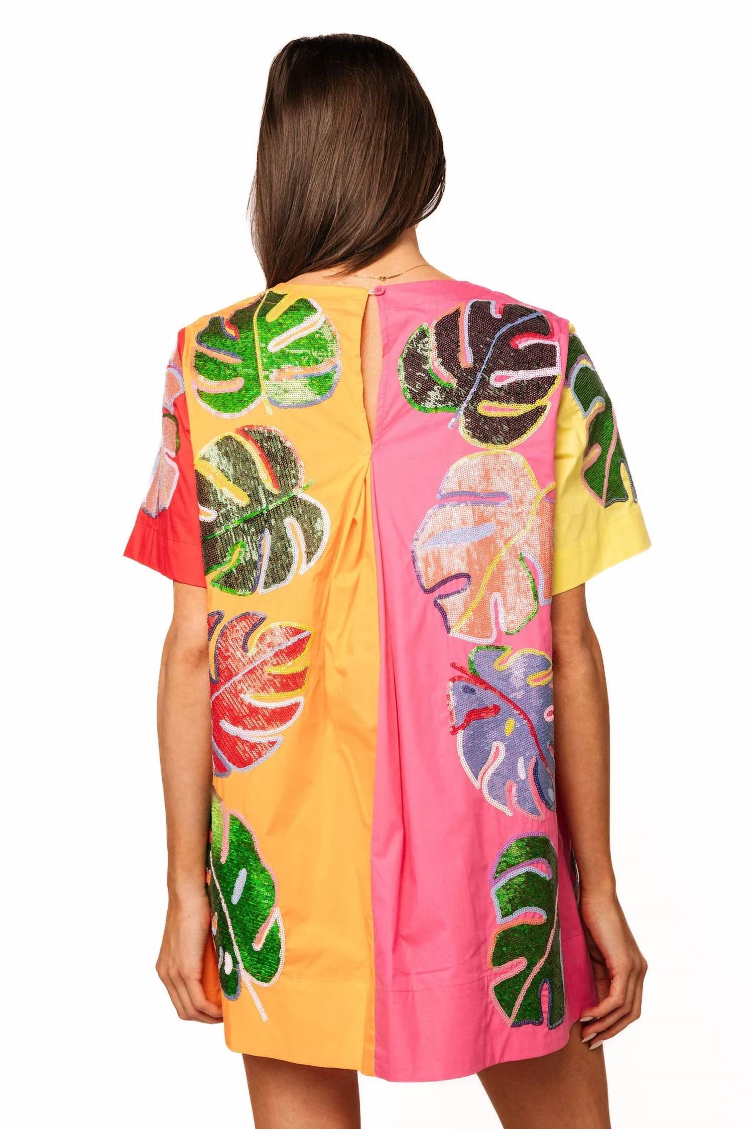 Queen Of Sparkles - Colorblock Cotton Palm Leaf Short Sleeve Dress