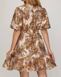 She + Sky - Short Puff Sleeve Jacquard V-neck Dress