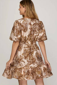 She + Sky - Short Puff Sleeve Jacquard V-neck Dress