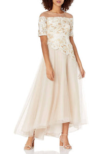 Adrianna Papell - Short Sleeve Embroidered Sequined High Low Hem Mesh Dress