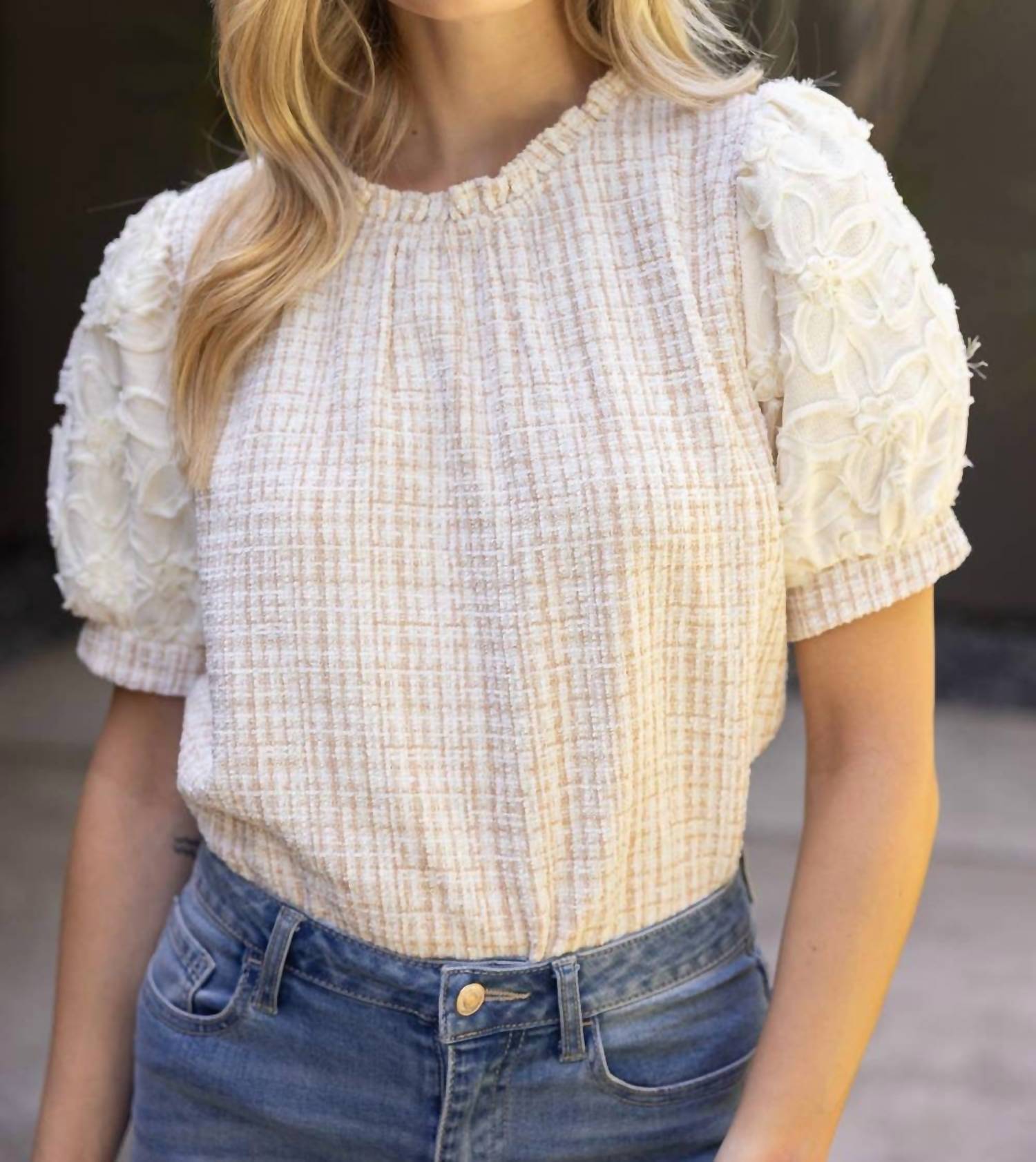 Voy - Floral Lace Sleeve Plaid Textured Tweed Top