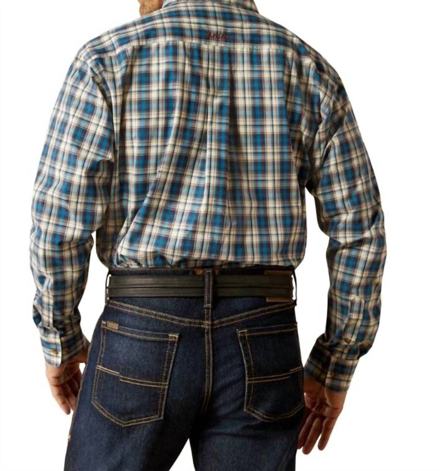 ARIAT Men's Pro Series Parrin Plaid Classic Shirt in teal - men's shirt - detail view