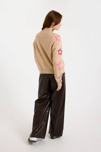 Brodie Cashmere Pop Star Sleeve Crew Sweater in soft camel - women's sweater - detail view