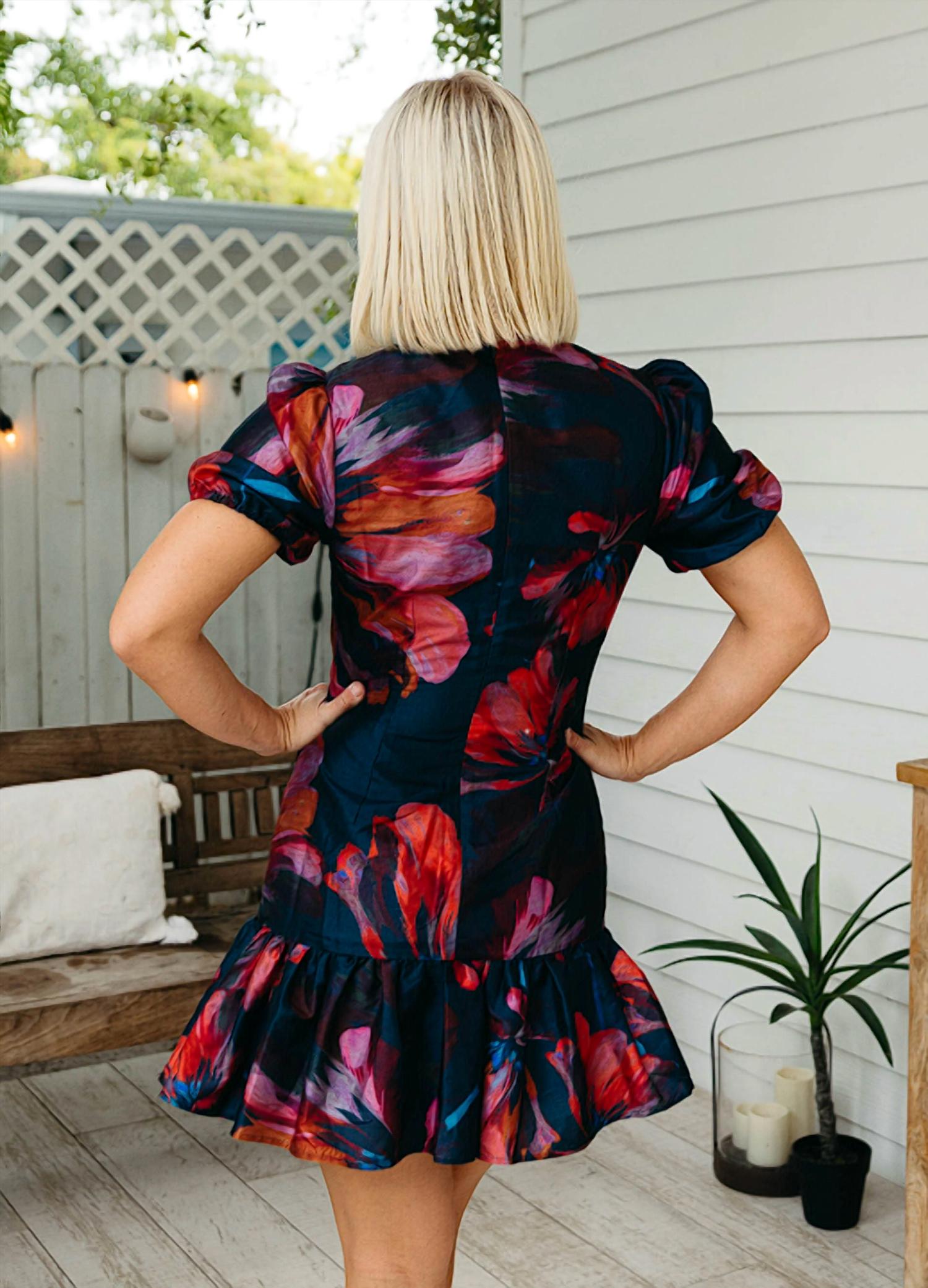 hutch Rayan Dress in navy multi paper mache floral - women's dress - detail view